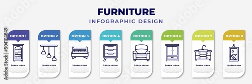 infographic template with icons and 8 options or steps. infographic for furniture concept. included bookcase, chandelier, bed, bedside table, armchair, clo, kitchen sink, frame editable vector.