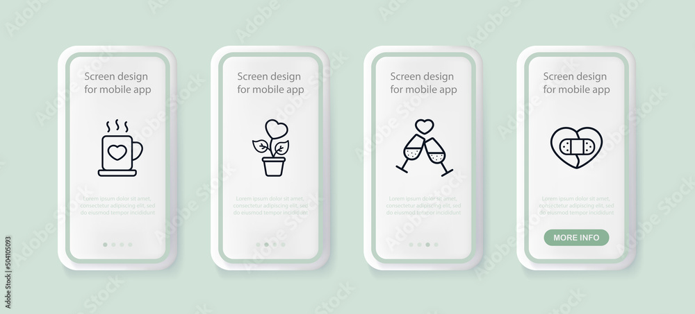 Hearts set icon. A cup of coffee, a flower, glasses, a heart sealed with a plaster. UI phone app screens with people. Vector line icon for Business and Advertising
