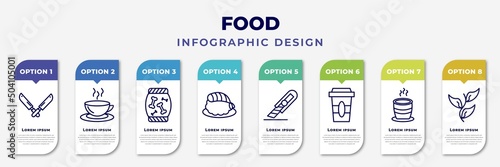 infographic template with icons and 8 options or steps. infographic for food concept. included knifes, hot drinks, treats, sushi prawn, paper knife, disposable paper cup, tea cup of japan, herb