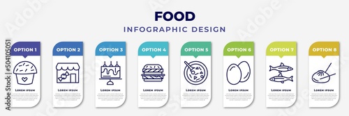 infographic template with icons and 8 options or steps. infographic for food concept. included romantic muffin, candy shop, celebration cake, double burger, luosifen, two eggs, sardines, mantou