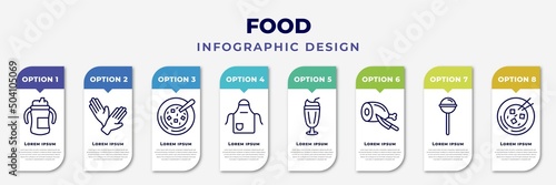 infographic template with icons and 8 options or steps. infographic for food concept. included sippy cup, protection gloves, winter melon soup, kitchen pack, milk shake, butcher, lollypop, mapo tofu