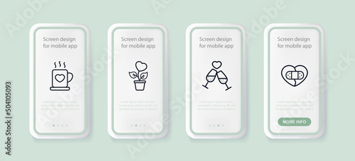 Hearts set icon. A cup of coffee, a flower, glasses, a heart sealed with a plaster. UI phone app screens with people. Vector line icon for Business and Advertising