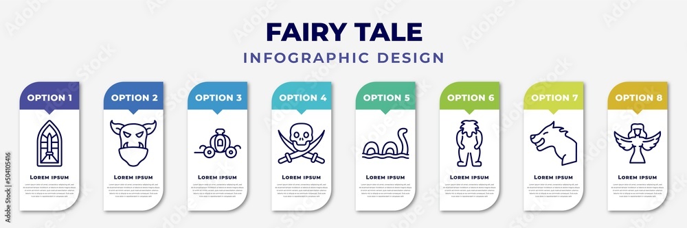 infographic template with icons and 8 options or steps. infographic for fairy tale concept. included stained glass, ogre, cinderella carriage, jolly roger, loch ness monster, yeti, werewolf, harpy - obrazy, fototapety, plakaty 