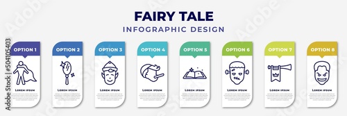 infographic template with icons and 8 options or steps. infographic for fairy tale concept. included hero, enchanted mirror, elf, pinocchio, fairy tale, frankenstein, fanfare, joker editable vector.