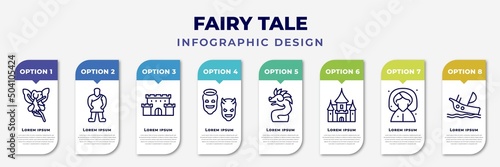 infographic template with icons and 8 options or steps. infographic for fairy tale concept. included fairy, giant, castle, antagonist, quetzalcoatl, palace, fairy godmother, shipwreck editable