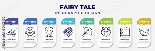 infographic template with icons and 8 options or steps. infographic for fairy tale concept. included gryphon, monster, talking tree, hydra, enchantment, beast, spellbook, narwhal editable vector.