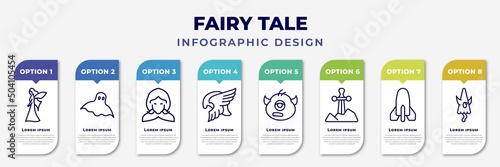 infographic template with icons and 8 options or steps. infographic for fairy tale concept. included myth, ghost, little red riding hood, valkyrie, cyclops, excalibur, atomic bomb, karakasakozou