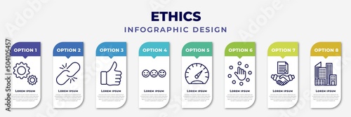 infographic template with icons and 8 options or steps. infographic for ethics concept. included ting, connect, thumbs up, smileys, gauge, choice, agreement, city editable vector.