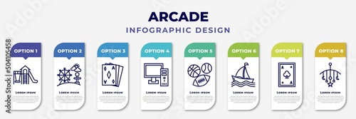 infographic template with icons and 8 options or steps. infographic for arcade concept. included playground, amusement park, ace of diamonds, pc, sports ball, sailing boat, ace of clubs, childhood