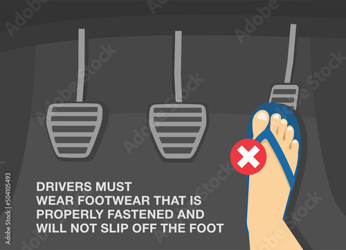 Safe driving rules and tips. Drivers must wear footwear that is properly fastened and will not slip off the foot. Male feet wearing flip flop on gas pedal. Flat vector illustration template.