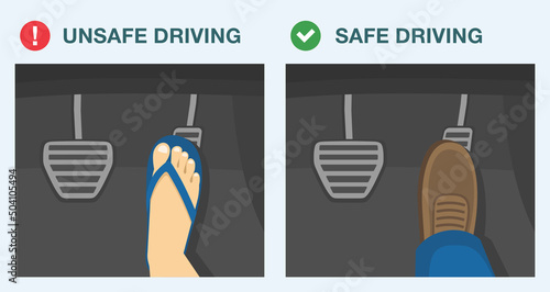 Driving rules and tips. Safe and unsafe driving. Driving in flip flops are not allowed. Flat vector illustration template.