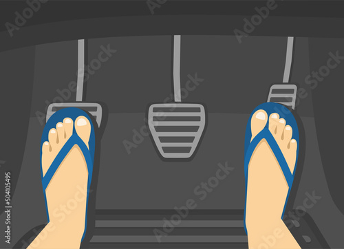 Male feet presses the car pedals. Driving in flip flops. Flat vector illustration template.