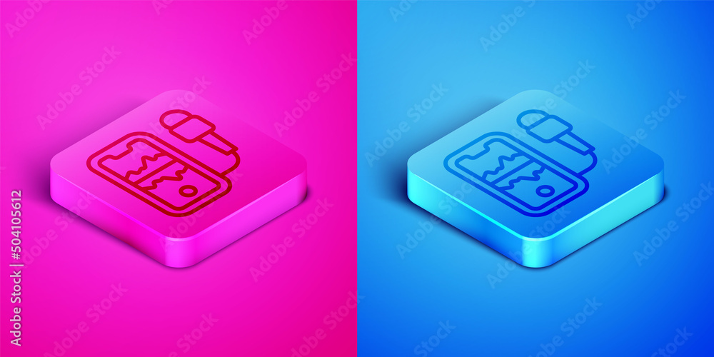 Isometric line Mobile recording icon isolated on pink and blue background. Mobile phone with microphone. Voice recorder app smartphone interface. Square button. Vector Isometric line Mobile recording icon isolated on pink and blue background. Mobile phone with microphone. Voice recorder app smartphone interface. Square button. Vector