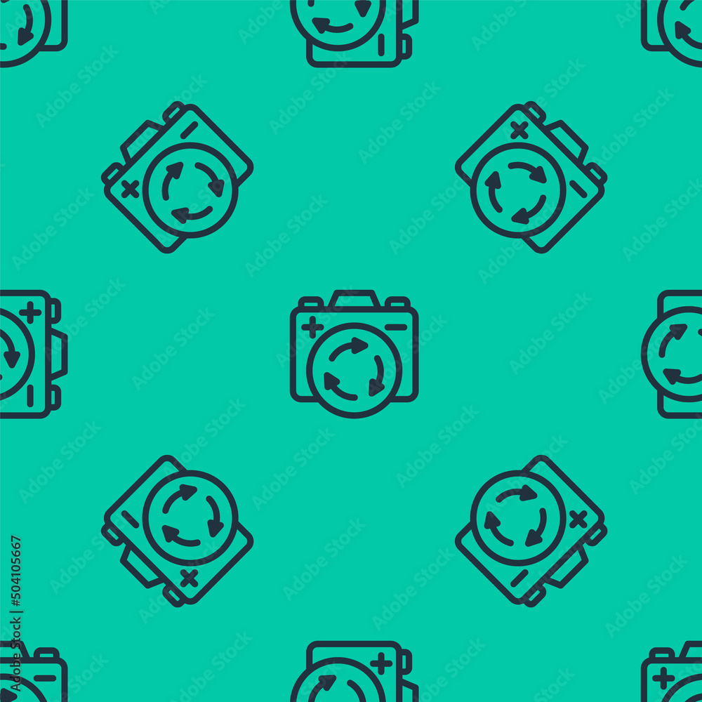 Blue line Battery with recycle symbol icon isolated seamless pattern on green background. Battery with recycling symbol - renewable energy concept. Vector Blue line Battery with recycle symbol icon isolated seamless pattern on green background. Battery with recycling symbol - renewable energy concept. Vector