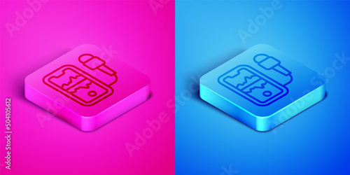 Isometric line Mobile recording icon isolated on pink and blue background. Mobile phone with microphone. Voice recorder app smartphone interface. Square button. Vector