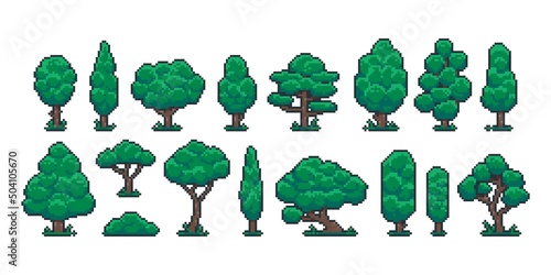 Pixel trees. Cartoon 8 bit retro game nature plant and environment object, video game sprite asset. Vector forest landscape elements isolated set