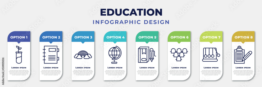 Fototapeta premium infographic template with icons and 8 options or steps. infographic for education concept. included plant sample, agenda with bookmarks, basic rainbow, classroom globe, book with marker, grandstand,