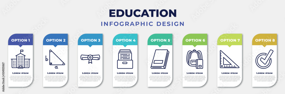 infographic template with icons and 8 options or steps. infographic for education concept. included university, right triangle, rolled diploma, archives, hard cover book, bag of books, measuring infographic template with icons and 8 options or steps. infographic for education concept. included university, right triangle, rolled diploma, archives, hard cover book, bag of books, measuring
