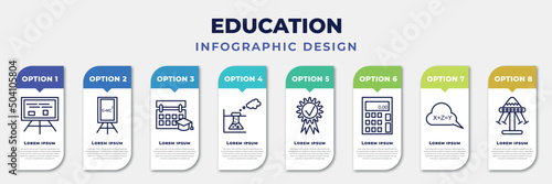 infographic template with icons and 8 options or steps. infographic for education concept. included writing whiteboard, relativity formulae, school calendar, experimentation, diploma with seal,