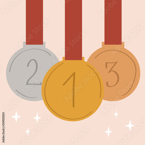 Cute cartoon style medals with red ribbon