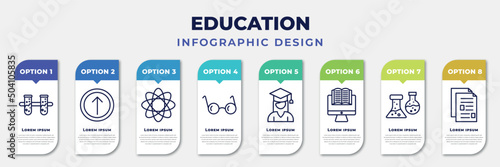 infographic template with icons and 8 options or steps. infographic for education concept. included communicating vessels, top, photon, studying glasses, college graduation, studies, florence flask,