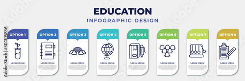 infographic template with icons and 8 options or steps. infographic for education concept. included plant sample, agenda with bookmarks, basic rainbow, classroom globe, book with marker, grandstand,