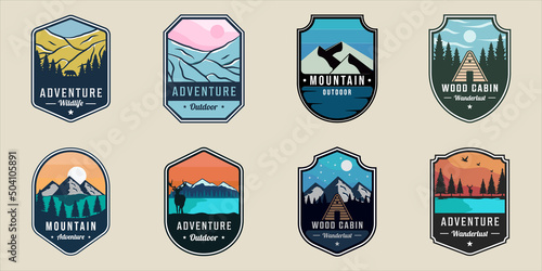 set of outdoor wildlife emblem logo vector illustration template icon graphic design. bundle collection of various adventure mountain cabin forest sign or symbol for business travel