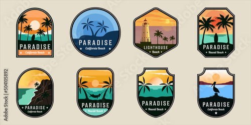 set of beach or island emblem logo modern vintage vector illustration template icon graphic design. bundle collection of various nature concept sign or symbol for business travel adventure