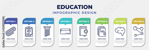 infographic template with icons and 8 options or steps. infographic for education concept. included paperclip, clipboard with a+, greek pillar, closed envelope, favorite book, new document, human