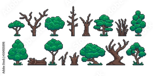 Pixel tree trunk. Retro 8 bit video game sprite asset, green trees old dry stump trunk and log game interface objects. Vector isolated set