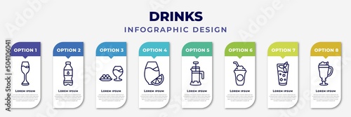 infographic template with icons and 8 options or steps. infographic for drinks concept. included wine, water jug, ham, fruit juice, french press, frappuccino, mint julep, latte editable vector.