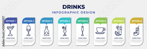 infographic template with icons and 8 options or steps. infographic for drinks concept. included flirtini, glass with wine, liquor, tropical itch, french 75, espresso, greyhound drink, tomato juice