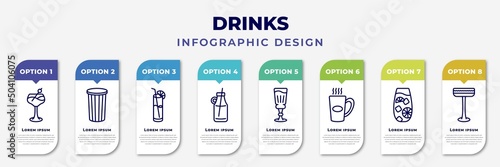 infographic template with icons and 8 options or steps. infographic for drinks concept. included last word drink, paper cup, blue lagoon, smoothie, absinthe, boiling, tom collins, irish sour