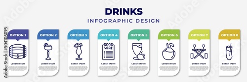 infographic template with icons and 8 options or steps. infographic for drinks concept. included cask, sidecar drink, mai tai, wine list, juice, coconut drink, picnic table, ramos gin fizz editable