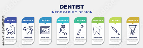 infographic template with icons and 8 options or steps. infographic for dentist concept. included dentist chair, tooth cleaning, dental x ray, male nurse, dentist mirror, cavity, periodontal scaler,