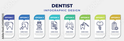 infographic template with icons and 8 options or steps. infographic for dentist concept. included dental care, dentist, mouth wash, medical prescription, white teeth, tooth filling, dental