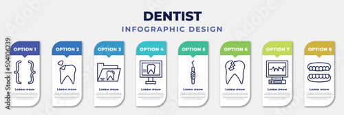 infographic template with icons and 8 options or steps. infographic for dentist concept. included brackets, dental filling, dental folder, dental monitor, probe, damaged tooth, ekg monitor, dentures