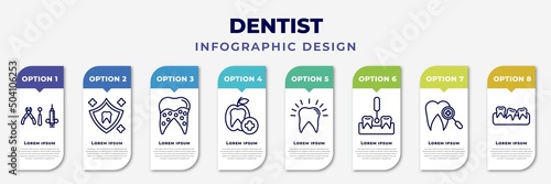 infographic template with icons and 8 options or steps. infographic for dentist concept. included dental hook, dental protection, plaque, dentist, dental, interproximal, checkup, malocclusion
