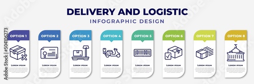 infographic template with icons and 8 options or steps. infographic for delivery and logistic concept. included delivery cancelled, waybill, delivery weighing, scooter barcode, package checking,