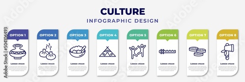 infographic template with icons and 8 options or steps. infographic for culture concept. included native american pot, steamed bread, corn with pine, native american wigwam, capoeira brazil dancers,