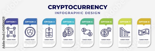 infographic template with icons and 8 options or steps. infographic for cryptocurrency concept. included blokchain block, nem, dollar tag, , peer to peer, random, loss, won editable vector.