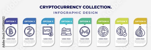 infographic template with icons and 8 options or steps. infographic for cryptocurrency collection. concept. included bitcoins, , bonds, cash hine, cryptocurrency, bitcoin accepted, tor editable