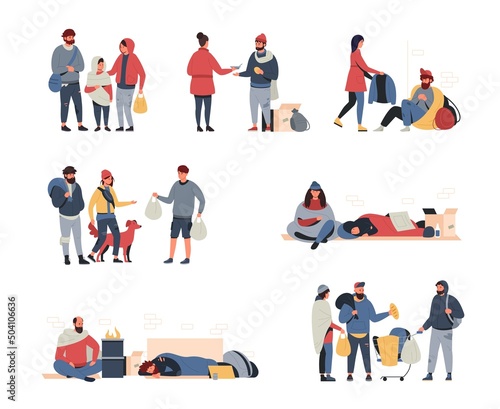 Homeless people. Cartoon poor family, hungry and dirty child man and woman begging and looking for food and shelter. Vector persons of poverty set photo