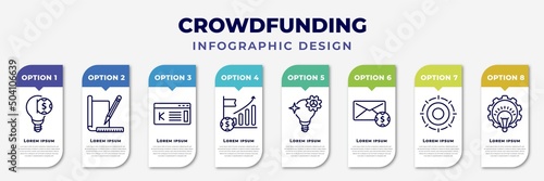 infographic template with icons and 8 options or steps. infographic for crowdfunding concept. included equity, prototype, kickstarter, ipo, creator, mailing, gif, funding editable vector.