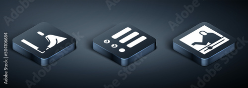 Set Isometric Student working at laptop, Online education and Task list icon. Vector