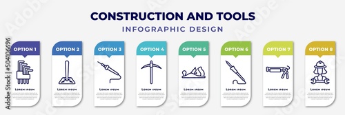 infographic template with icons and 8 options or steps. infographic for construction and tools concept. included allen keys, soil, solder, pickaxe, planer, iron soldering, caulk gun, mechanic