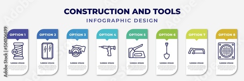 infographic template with icons and 8 options or steps. infographic for construction and tools concept. included copper, glass wall, chop saw, sealant gun, staple gun, spade, metal saw, drain
