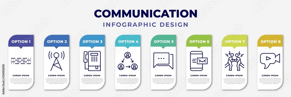 infographic template with icons and 8 options or steps. infographic for communication concept. included morse code, radio antenna, public phone, people connection, talking, mobile with envelope, - obrazy, fototapety, plakaty 