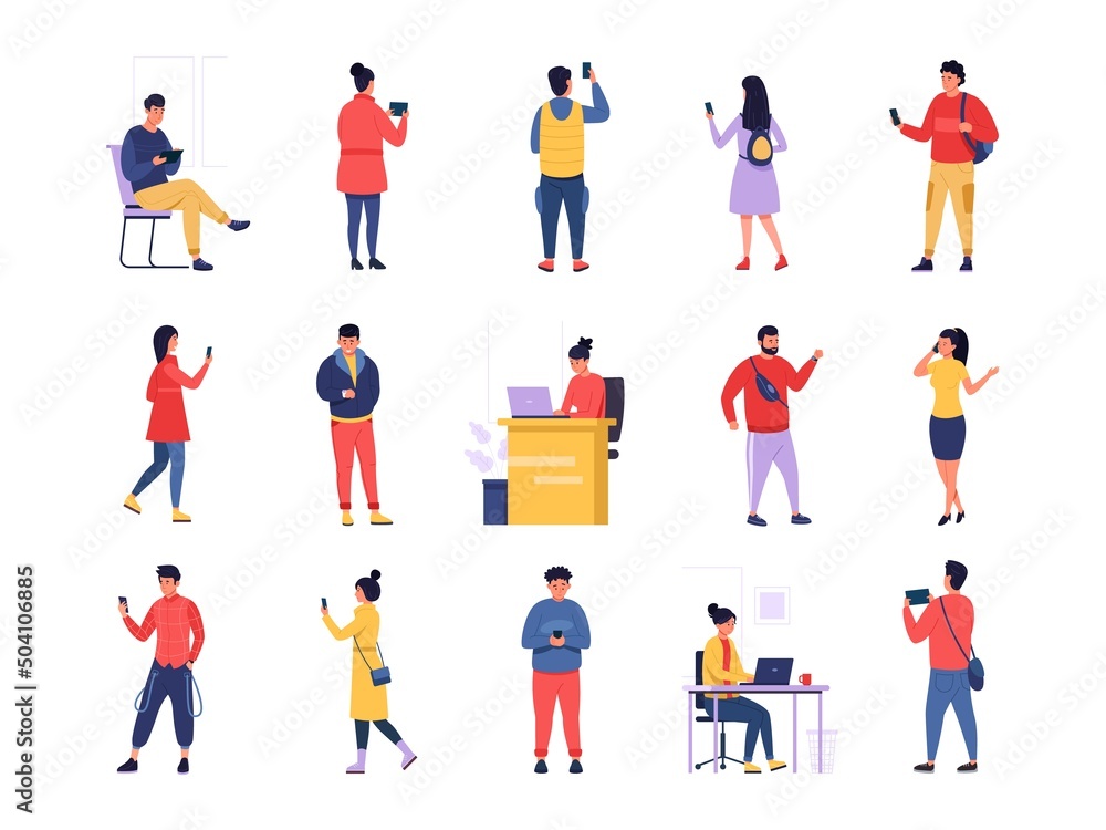 People with gadgets. Cartoon men and women with laptop, smartphone, tablet, and other smart devices. Vector set