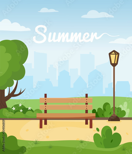 Summer cityscape with bench, lantern, path, tree, bushes and city skyline. Summer landscape postcard, poster. Vector illustration in flat style